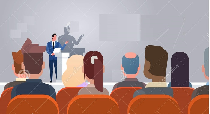 Business people group conference meeting training courses speaker standing tribune flat vector illustration 94170632